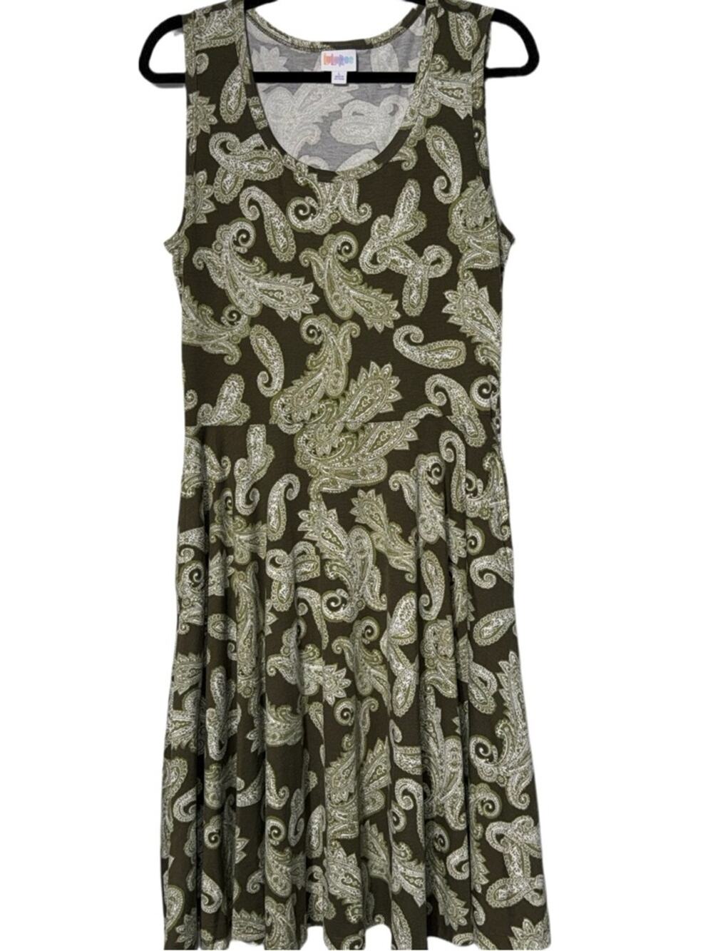 LuLaRoe Olive Paisley Sleeveless Fit & Flare Dress Pockets! Sz Large
